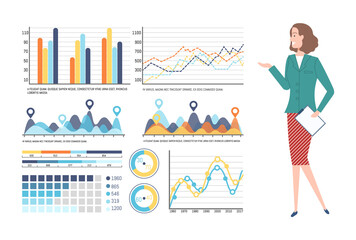 Poster - person presenting business plan vector, woman with information on whiteboard, charts and info, data 