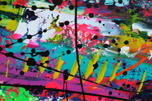 Bright Tropical Colors And Black Splatters Fill The Canvas In This Busy Abstract Acrylic Painting For Backgrounds.