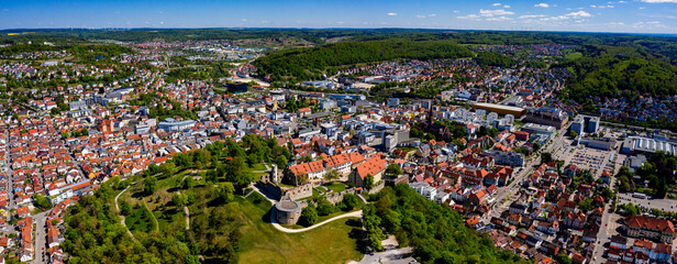 Wall Mural - Aerial view of the city Heidenheim in Germany on a sunny spring day during the coronavirus lockdown.
