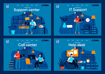 Support service flat landing pages set. Helpline operator with headset work with computer scenes for website or CMS web page. Online IT consultation and assistance in call center vector illustration