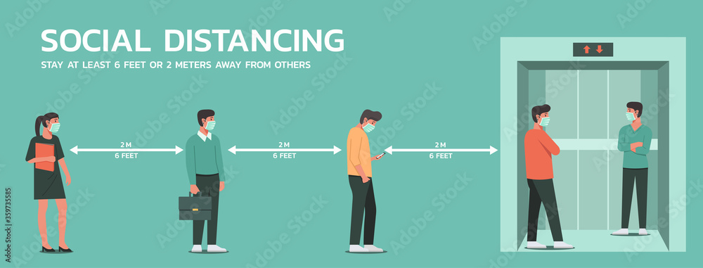 people waiting for the elevator and maintain social distancing to prevent virus spreading and transmission, man and woman keep distance from others, new normal concept, vector flat illustration - obrazy, fototapety, plakaty 
