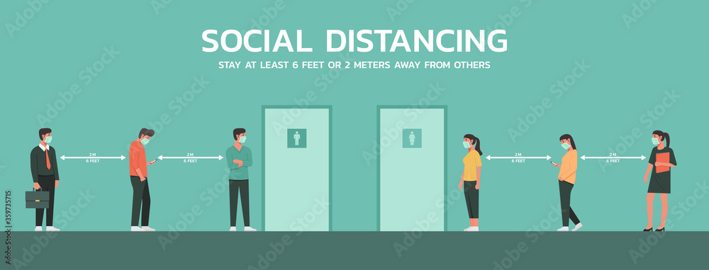 people waiting on queue to use public men and women toilet and maintain social distancing to prevent virus spreading and transmission, new normal concept, vector flat illustration - obrazy, fototapety, plakaty 