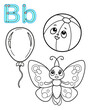 Printable coloring page for kindergarten and preschool. Card for study English. Vector coloring book alphabet. Letter b. Butterfly, balloon, boll
