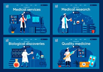 Aufkleber - Medical services flat landing pages set. Diagnosis and treatment in modern clinic scenes for website or CMS web page. Medical research, biological discoveries, quality medicine vector illustration.