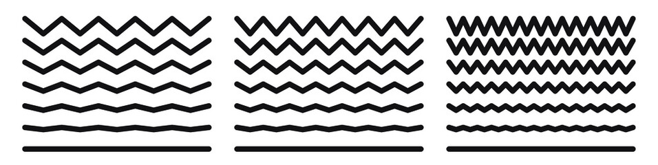 Wave line and wavy zigzag pattern lines. Vector black underlines, smooth end squiggly horizontal curvy squiggles