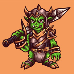 Vector illustration of Goblin Knight with Sword, Blade, Armor on the Colors background. Hand-drawn illustration for mascot sport logo badge label sign poster emblem patch t-shirt printing. Vector Logo