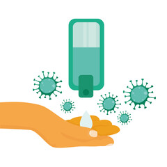 Poster - Hands washing with sanitizer bottle and covid 19 virus vector design