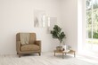 © AntonSh - White living room with armchair. Scandinavian interior design. 3D illustration