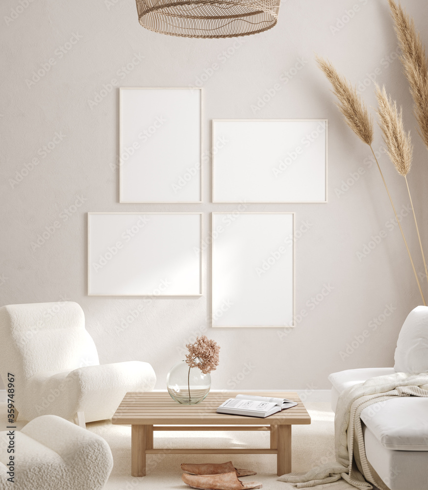 Mockup frame in interior background, room in light pastel colors, Scandi-Boho style, 3d render - obrazy, fototapety, plakaty 