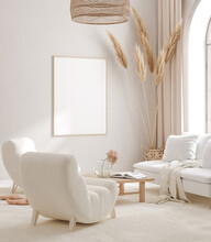 Mockup Frame In Interior Background, Room In Light Pastel Colors, Scandi-Boho Style, 3d Render