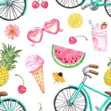 Watercolor Cute Summer Seamless Pattern With Pineapple, Watermelon, Mint Green Bicycle, Ice Cream, Sunglasses, Flowers. Hand Painted Beach Vacation Vibes Print With White Background. Holiday Paper