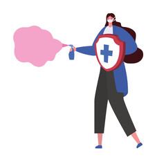 Wall Mural - Woman with mask and spray bottle and shield design of Fight covid 19 virus and stop spread theme Vector illustration