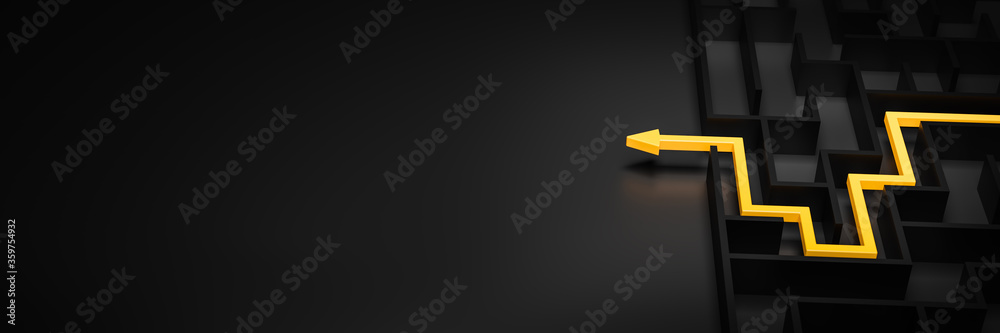3d rendering: Concept - solving a complex problem. Black maze and floor with yellow solution path with arrow. Low key image. - obrazy, fototapety, plakaty 