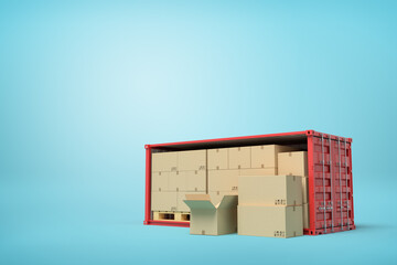 Poster - 3d rendering of red shipping container filled with cardboard boxes and wooden pallets on blue background.
