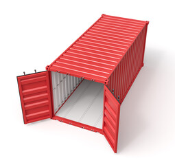Poster - 3d rendering of open empty red barge container with white insides isolated on white background.