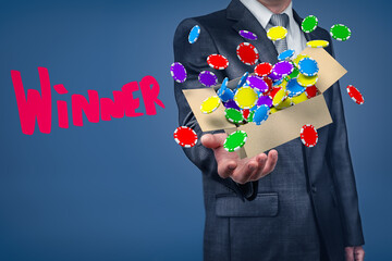Poster - businessman holding cardboard box filled with colorful casino tokens and 'winner' sign on blue backg