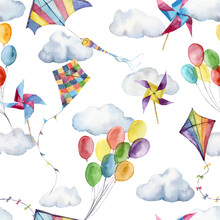 Watercolor Seamless Pattern With Air Balloons, Flag Garlands And Kites. Hand Painted Sky And Paper Windmill Illustration With Clouds Isolated On White Background. For Design Fabric Or Background.