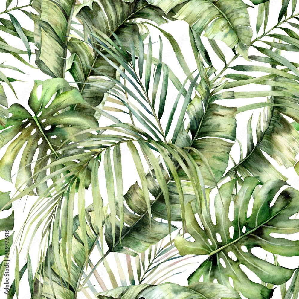 Watercolor seamless pattern with jungle palm leaves. Hand painted exotic leaves and branches isolated on white background. Floral tropical illustration for design, print, fabric or background. - obrazy, fototapety, plakaty 
