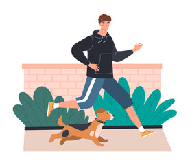 Man out jogging accompanied by his dog in a healthy active lifestyle and fitness concept, colored vector illustration