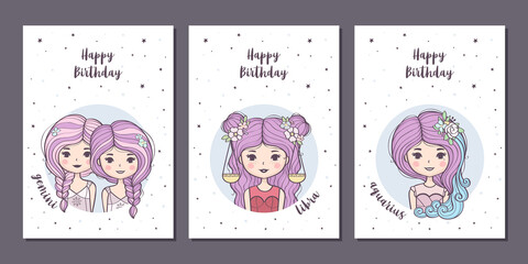 Set of birthday greeting cards design with cute cartoon zodiac girls. Air zodiacal signs: Gemini, Libra, Aquarius. Vector illustration