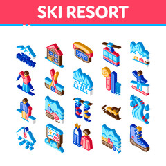 Canvas Print - Ski Resort Vacation Icons Set Vector. Isometric Ski Snow Track And Shoe, Protective Glasses And Sled, Chairlift Cableway And Cabin Illustrations