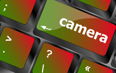 Poster - camera word on keyboard key, notebook computer button