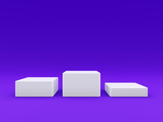 Poster - Empty studio purple background and three white stand displays or shelf for showing or design concept.