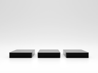 Poster - Empty studio light background and three black stand displays or shelf for showing or design concept.