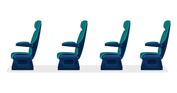Wall Mural - Row of empty passenger seats for public transport on white background. Aisle with business class, first class or economy seats concept for airplane, train or bus. blue color.