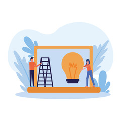 Poster - Woman and man avatar with light bulb and ladder on laptop vector design