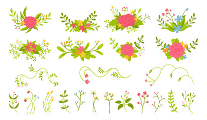 Wall Mural - Flower branch and leaf, floral composition set. Botany abstract romantic beautiful design elements. Colorful flat floral cartoon eco collection. Isolated flowers, branches leaves. Vector illustration