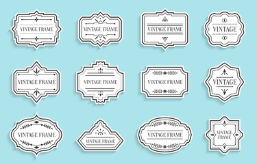 Poster - Retro vintage white labels paper cut set with shadow. Different shape empty border tag menu sale price with decorative elements. Package template for text banner, sticker. Isolated vector illustration