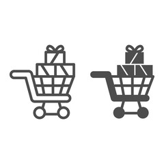 Poster - Shopping cart with gift boxes line and solid icon, shopping concept, trolley full of gifts sign on white background, Supermarket cart with box icon in outline style for mobile, web. Vector graphics.