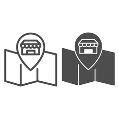 Poster - Map and store pointer line and solid icon, shopping concept, Map pointer with shop building sign on white background, store front pin on city map icon in outline style for mobile. Vector graphics.