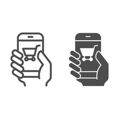 Poster - Hand with smartphone line and solid icon, shopping concept, mobile payment through phone sign on white background, Supermarket online shopping mobile phone with credit card icon in outline style.