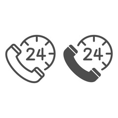 Poster - Handset and clock line and solid icon, call center concept, all-day customer support sign on white background, Clock with phone icon in outline style, mobile concept and web design. Vector graphics.
