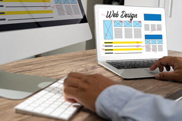 Fototapete - Web Design Template and web page Closeup shot of laptop with di