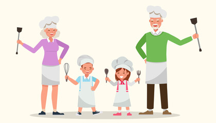 Wall Mural - Happy family cooking together character vector design.