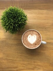 Coffee cup over a wood table with a plant