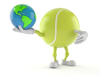 Canvas Print - Tennis ball character holding world globe