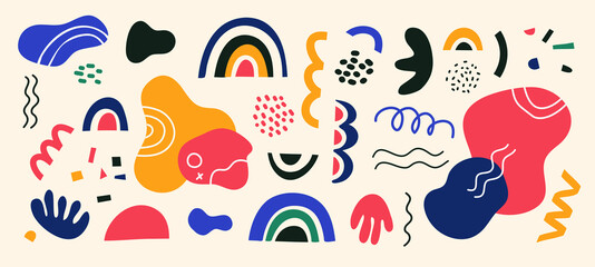Set of hand drawn various shapes and doodle objects. Abstract contemporary modern trendy vector illustration. Stamp texture, rainbow, blot, lines, zigzags. Yellow, blue and red colors.