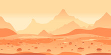 Martian Landscape Game Background Tillable Horizontally, Orange Sand Hills With Stones On A Deserted Planet With High Mountains In View From Afar