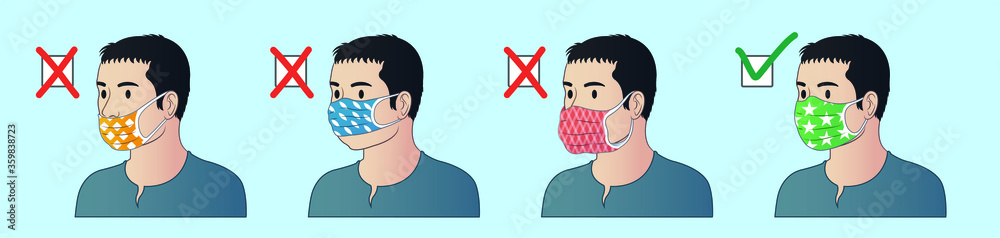 How to wear mask correctly. How tu use mask properly. Correct ways to wear face mask. - obrazy, fototapety, plakaty 