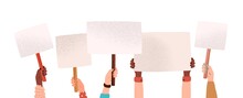 Hands Of Diverse Woman Hold Empty Banners With Place For Text Vector Flat Illustration. Human Arms At Demonstration With Placard Isolated On White. Group Of Person With Posters At Protest Meeting
