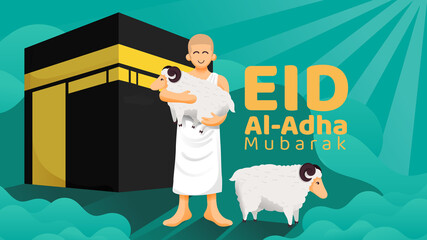 Sticker - pilgrimage man carrying sacrifice animal in front of kaaba illustration concept