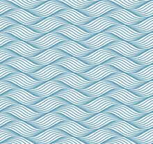 Geometric Simple Pattern With Abstract Waves, Lines, Stripes. A Seamless Vector Background. Blue Ocean Or Sea Ornament. Vector Illustration.