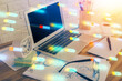© peshkova - Multi exposure of desktop with computer on background and tech theme drawing. Concept of big data.