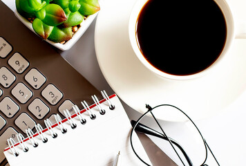 Poster - Office supplies, devices, coffee cup ,laptop and glasses on white table