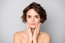 Closeup Photo Of Beautiful Nude Lady Short Bob Hairdo Rejuvenation Spa Salon Procedure Soft Facial Skin Touch Arms Cheekbones Aesthetic Look Isolated Grey Color Background