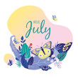 © MySunShine - Monthly calendar page with text Hello July. Colorful summer card or background with beautiful butterflies, leaves, grass and flowers. Vector illustration.